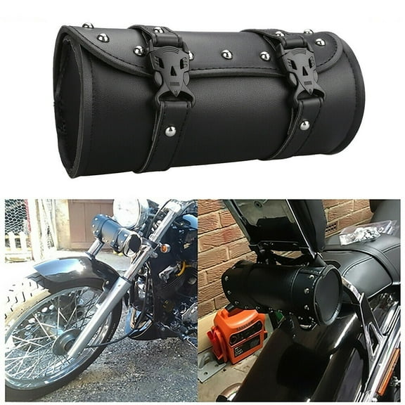 Motorcycle Fork Bag, PU Leather Handlebar Tool Pouch Sissy Bar Roll Storage Bag with 2 Straps