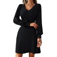 thumbnail image 1 of Vestidos de punto para mujer, vestido mini de manga larga con escote en V, ajustado, sexy, estilo túnica, liso, para fiesta, 1 of 5