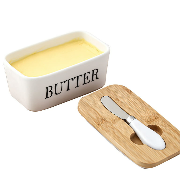 Porcelain Butter Dish with Bamboo Lid and Knife Airtight Silicone