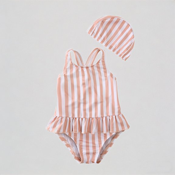 REDARER Toddler Girls' 2-Piece Swim Set – Neutral Rainbow Print Sleeveless Ruffled Swimsuit Matching Swim Cap, Adorable Beach Swimwear,12-24 Months