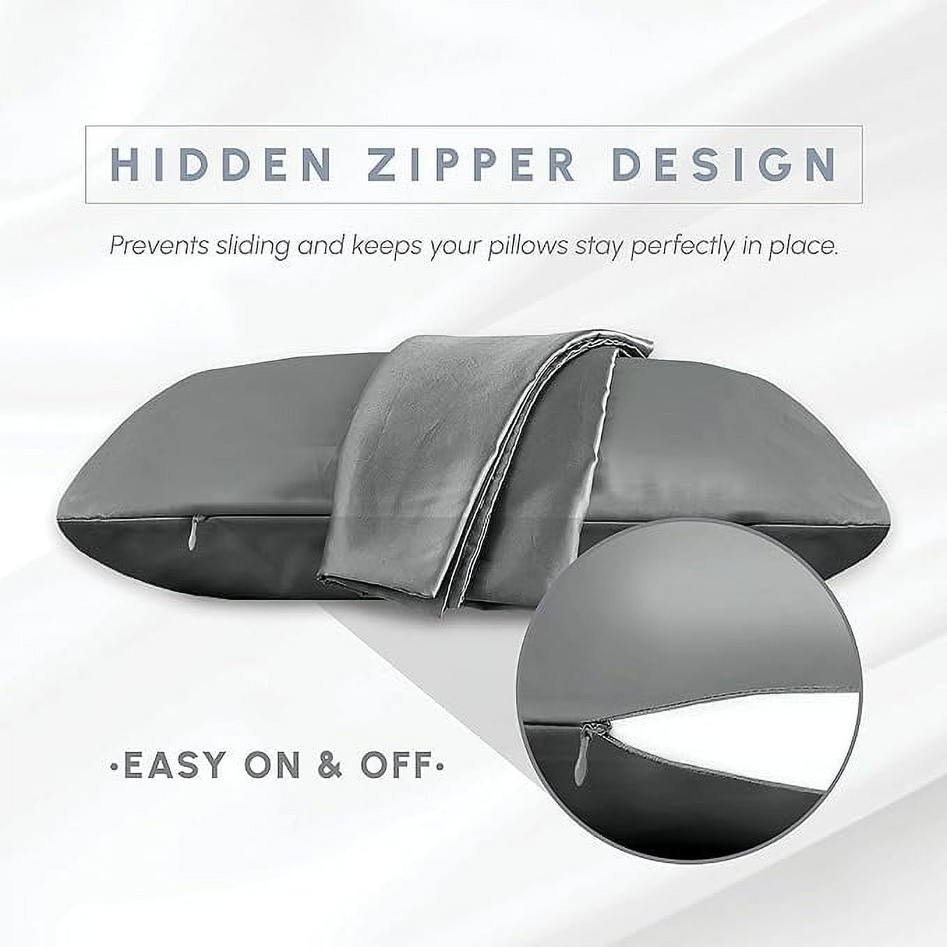2 Pieces Satin Pillowcase Set with Hidden Zipper closure, King, Gray