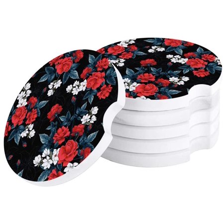 

FMSHPON Red Rose Flower Leaf Black Set of 2 Car Coaster for Drinks Absorbent Ceramic Stone Coasters Cup Mat with Cork Base for Home Kitchen Room Coffee Table Bar Decor