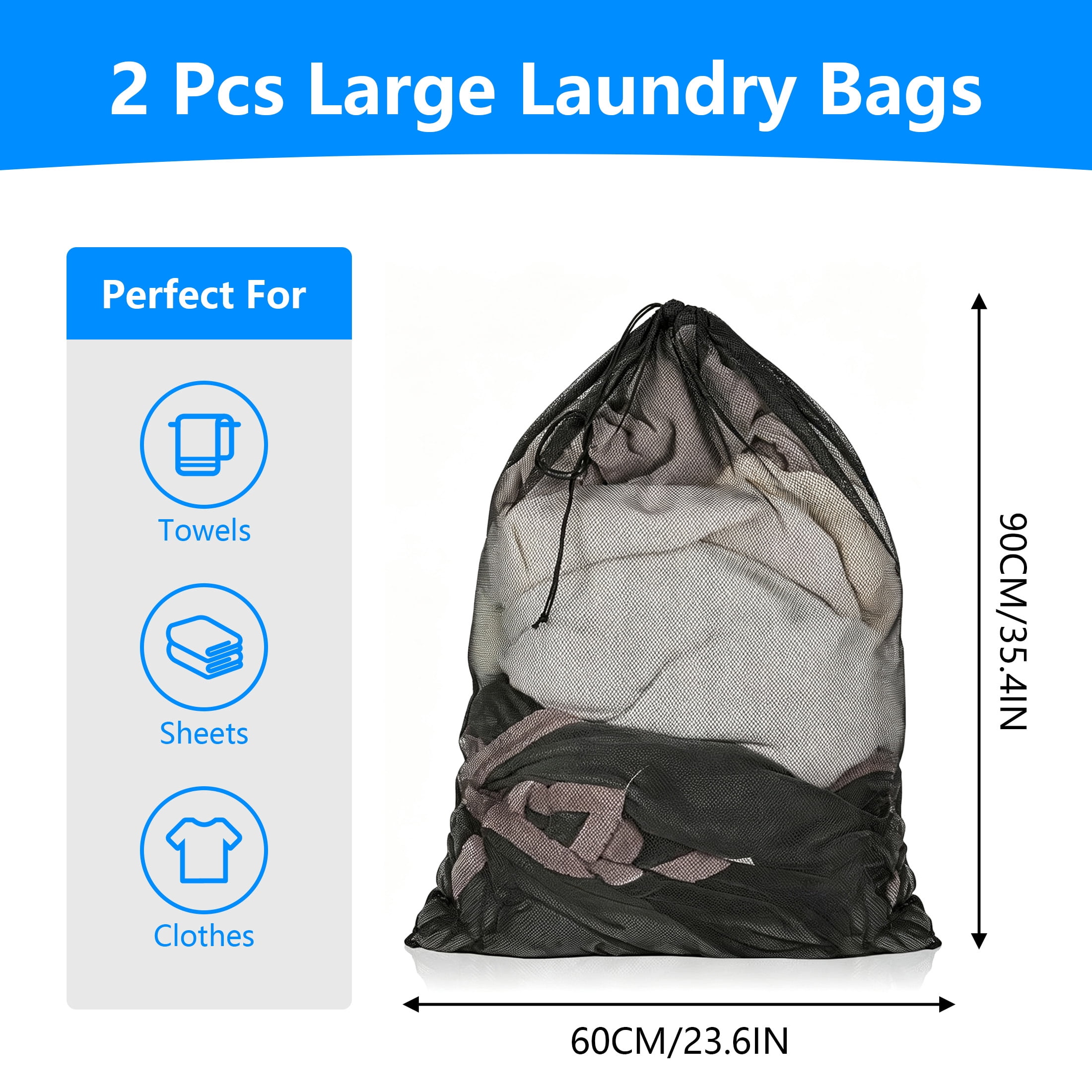 2 Pack Mesh Laundry Bags, 23 x 34 Inches Heavy Duty Mesh Laundry Bag, Large Laundry Drawstring Bag for College, Dorm, Travel, Family and Apartment Dwellers, Black