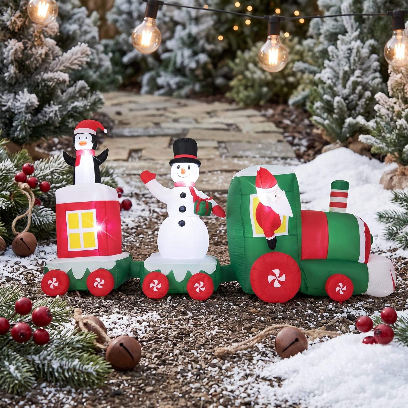 RUIE 11.5 FT Christmas Inflatables Train, Blow Up Santa Driving Train with Snowman Penguin and LED Lights, Outdoor Yard Decor for Lawn - Multicolor