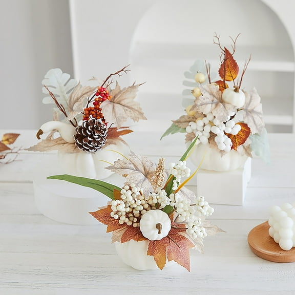 Halloween Fall Decor Maple Leaf White Foam Pumpkin Decorations Artificial Pumpkins with White Maple Leaves and Berries,Fall Pumpkin Decoration for Table Centerpiece,Thanksgiving and Home Decor