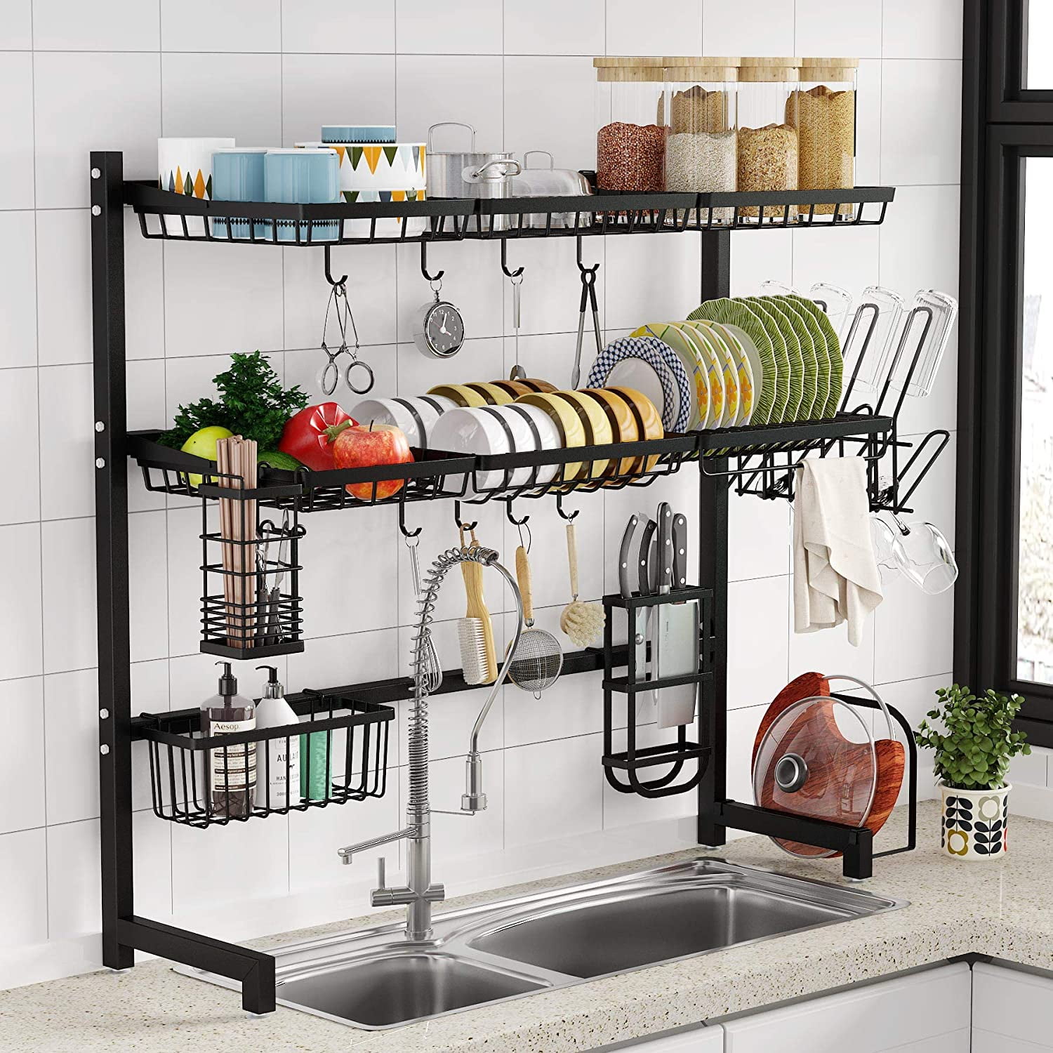 Over the Sink Dish Drying Rack - 3 Tier Stainless Steel Large Kitchen Rack  Dish Drainers for Home Kitchen Counter Storage, Shelf with Utensil Holder,  Above Sink Non-Slip Shelves Organizer 