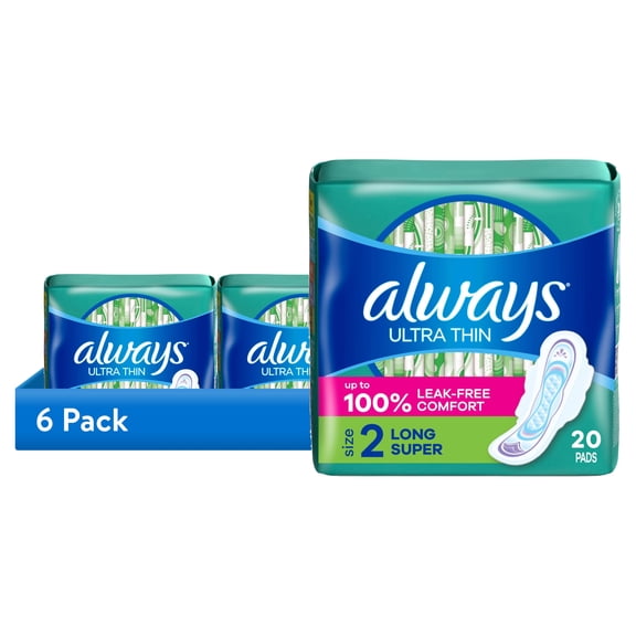 (6 pack) Always Ultra Thin Pads with Wings, Size 2, Long Super Absorbency, 20 CT