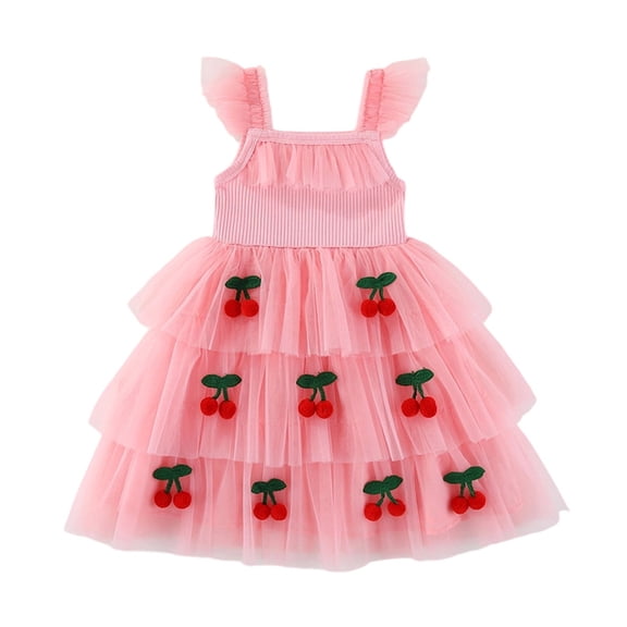 Bainana Girls Cherry Print Tulle Dresses Ruffled Sleeve Square Neck Dress Toddler Kids Cute Party Dress Size 12-18 Months Red