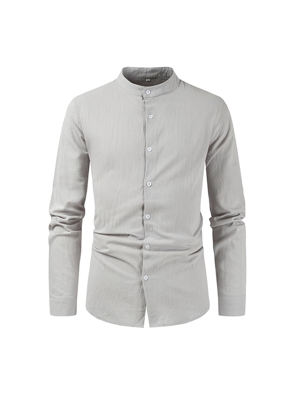 mens shirts shirt for men men's t-shirts men's dress shirts Men's Casual Solid Color Shirt Long Sleeve Half Cover Button Collarless Top Grey+M