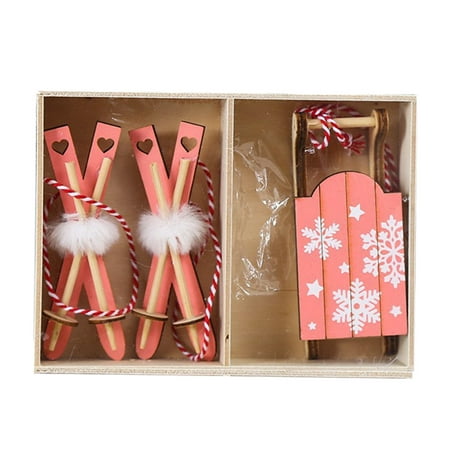 

Veki Christmas Decorations Creative Painted Wooden Sled Combination Pendant Gift Box Christmas Tree Decoration Small Pendant Easter Eggs Decorations
