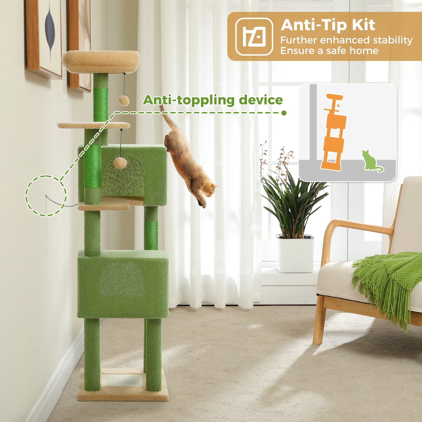 Kadyn 62" Multi-Level Cat Tree for Indoor Cats, Cat Tower with Cozy Cat Condo and Top Perch for Small&Medium Cat, Green