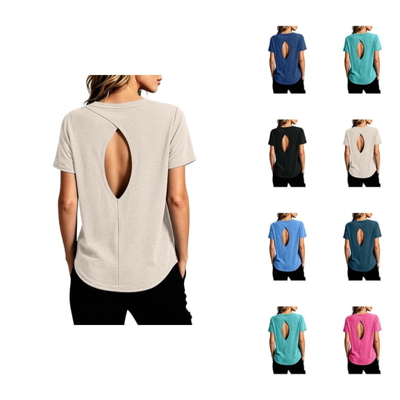 Open Back Workout Tops for Women 2026 Summer Short Sleeve Crewneck Athletic Gym Shirts Yoga Pilates Outfits