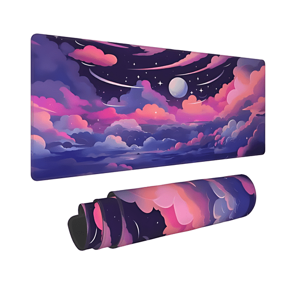 AIOE Clouds Moon Anime Mousepad, Cute Space Desk Mat, Large Gaming Mouse Pad XXL 35.4"x15.7" Pastel Pink Purple, Extended Gaming Mat Best Desk Accessory Gift