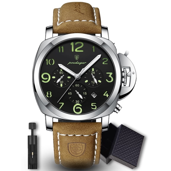 Poedagar Simple Leather Strap Men's Business Waterproof Luminous Calendar Chronograph Quartz Watch