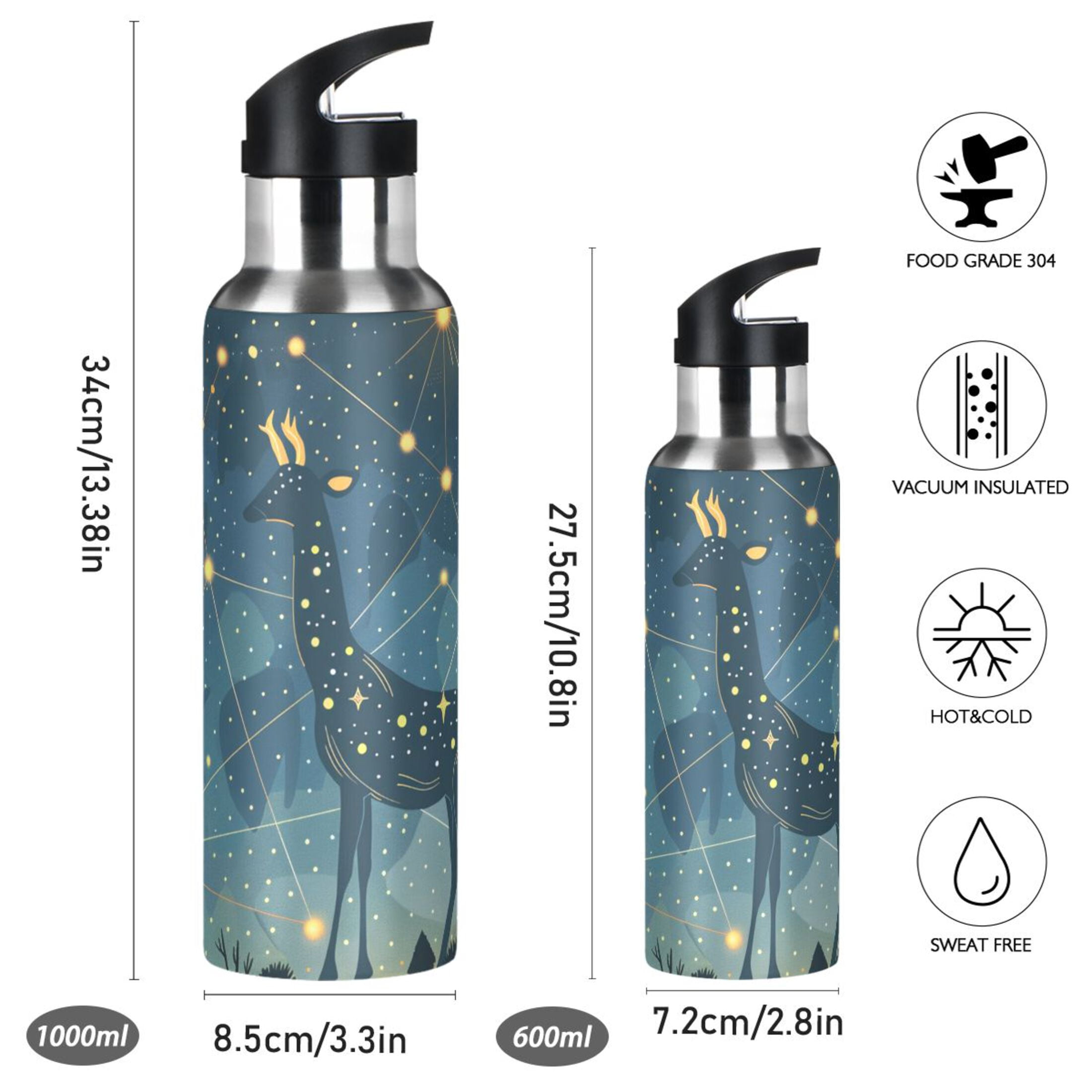 Constellation Deer Sports Bottle with Straw Stainless Steel Water Jug Portable Thermal Cup Leak-proof 600ML