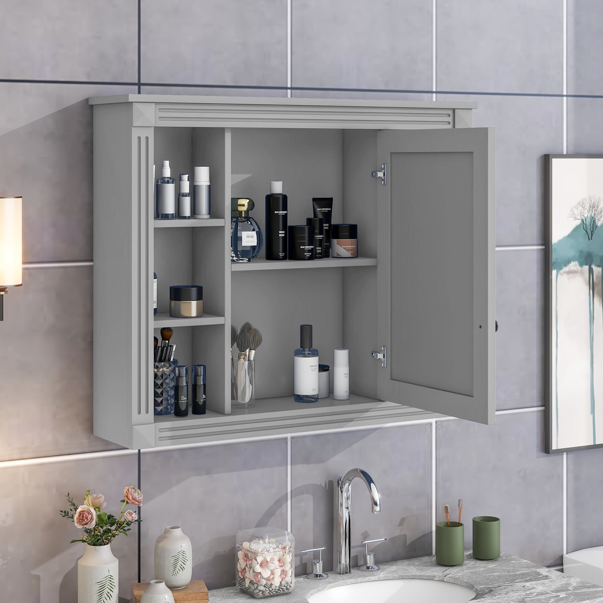 Aukfa Wall Mounted Bathroom Storage Cabinet,Medicine Cabinet with Mirror - Gray
