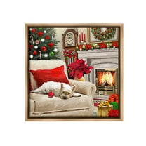 Stupell Industries Cozy Dog by Holiday Mantle Holiday Painting Brown Floater Framed Canvas Art Print Wall Art, 18 x 18