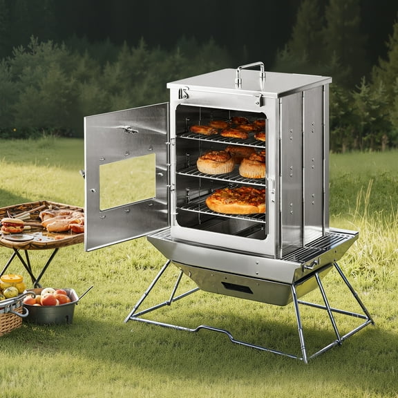 KFFKFF Collapsible Outdoor Oven, Durable Stainless Steel Nomadic Cooker, Equipped with 3-Level Grill, Handle and Temperature Gauge, Compatible with Wood Fire and Propane Burners