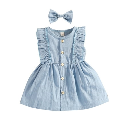 

Listenwind Toddler Baby Girls Sleeveless Dress Cotton linen Solid Color O Neck Ruffle Button Pleated Dress+Bow Hairpin
