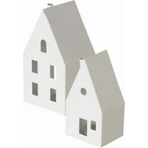 Alpine House Candle Lanterns, Chalet Style, Tea Light Holders, Set of 2, White Metal, 8.75 and 6.75 Inches