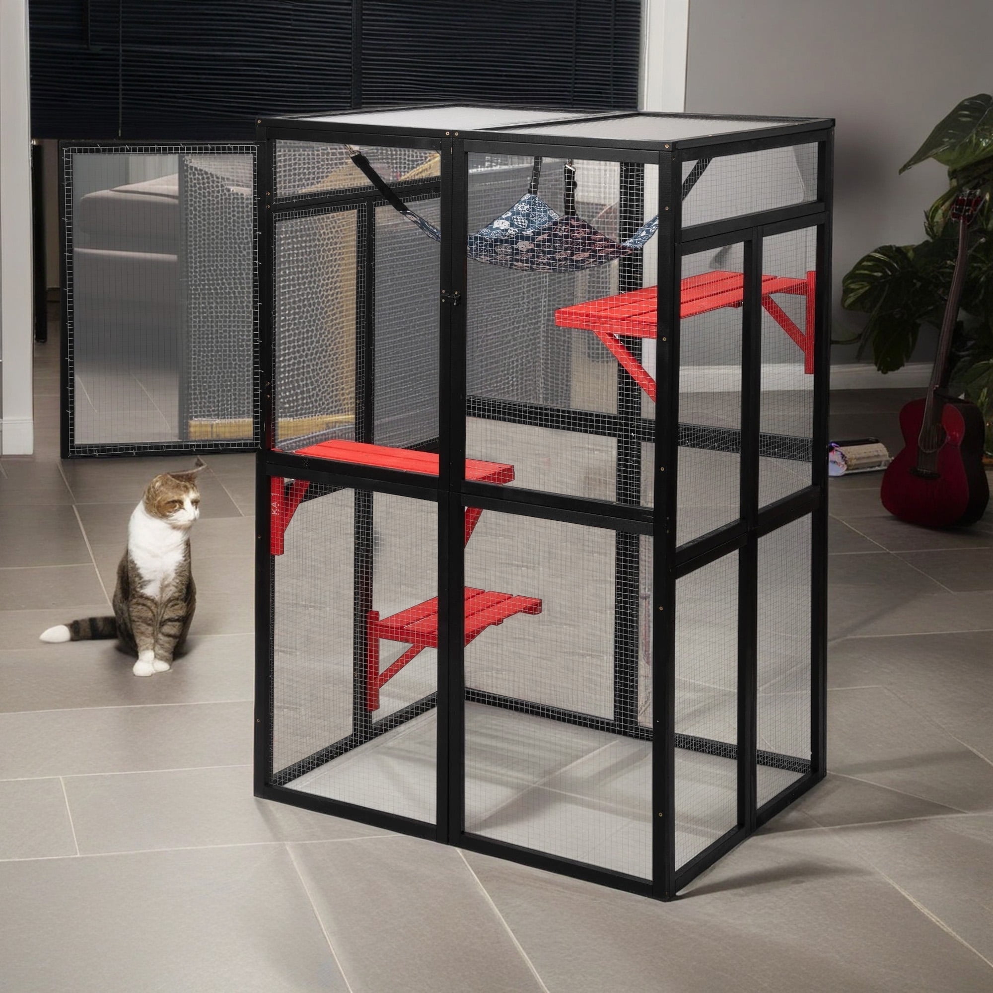 Pefilos 64" Gothic Outdoor Cat House, Large Cat Condo for Feral Cats Wooden Outside Cat Cage Weatherproof with Platforms, Black