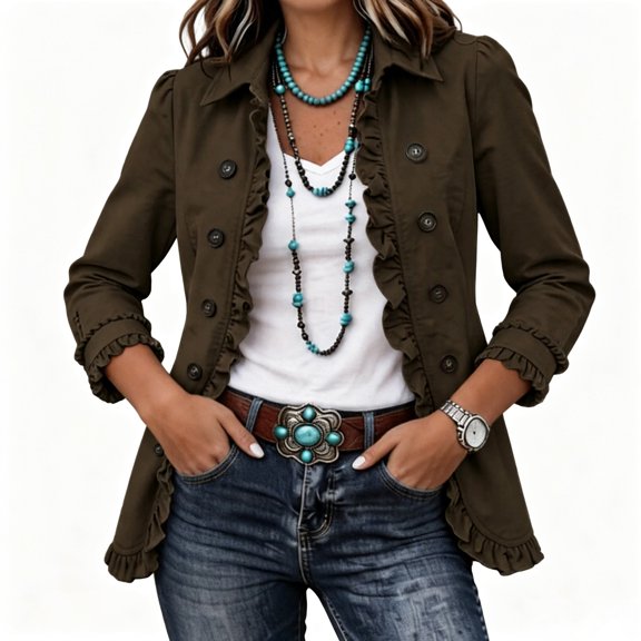 Vivianyo HD Women's Collared Long Sleeve Ruffle Trim Jacket, Fall Casual Lightweight Jacket with Double Breast, Sizes S-3XL