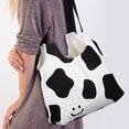thumbnail image 5 of FRCOLOR 2pcs Women Canvas Bag Smile Face Cow Pattern Reusable Shoulder Bag Shopping Grocery Tote Bag for Work Beach Travel, 5 of 8