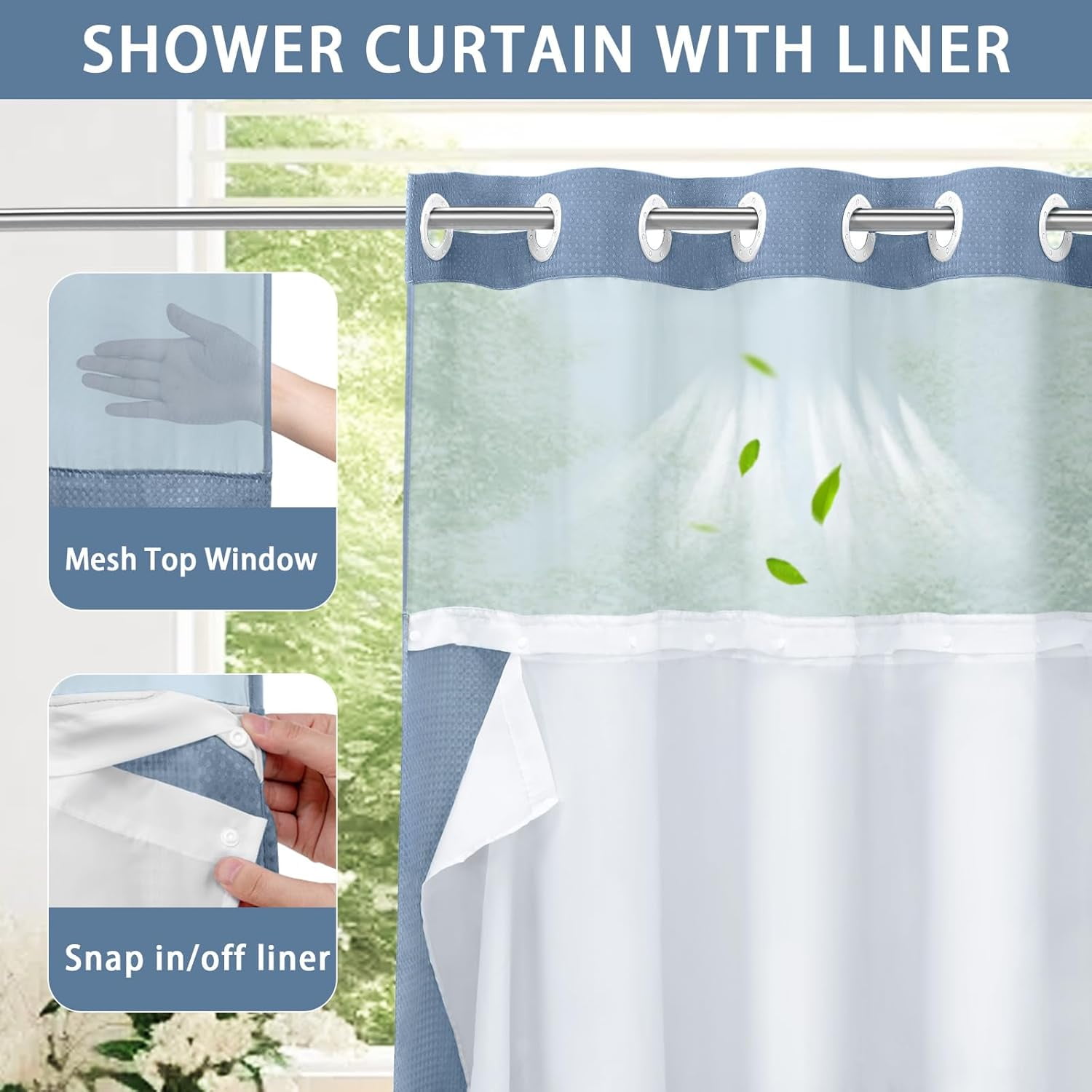 Zrodlmo No Hook Fabric Shower Curtain with Snap-in Liner, Waffle Waterproof and Mildew Resistant Bathroom Curtain, 72"x 74", Moon Blue