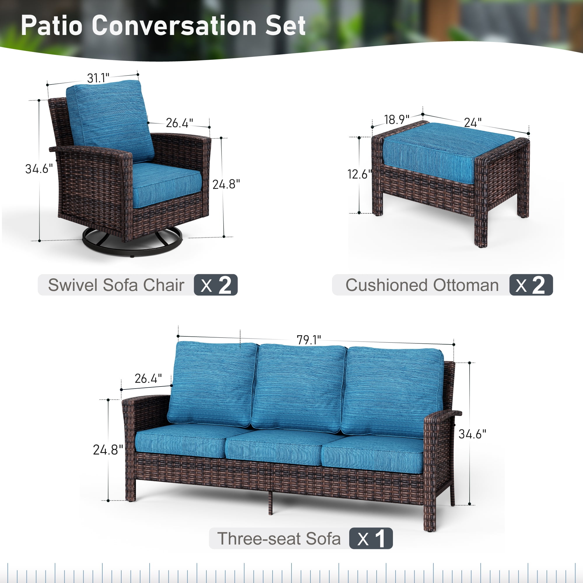 SUMMIT LIVING 7-Seat Wicker Patio Furniture Set with 2 Swivel Chairs & 3-Seat Sofa with 2 Ottoman, Outdoor Sectional Conversation Set for Garden, Peacock Blue
