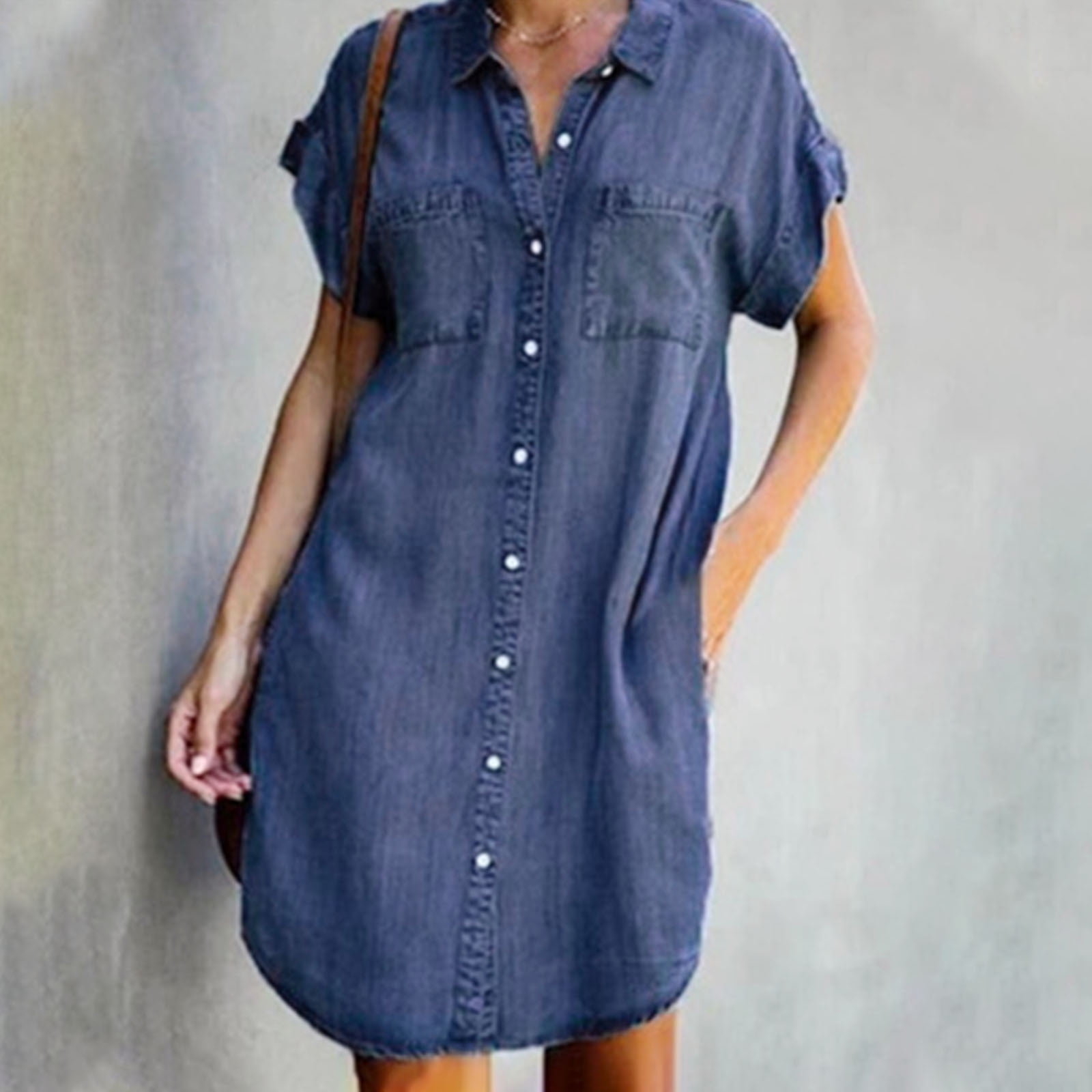 Women's Denim Shirt Dresses Long Sleeve Distressed Jean Dress Button Down Casual Tunic Top