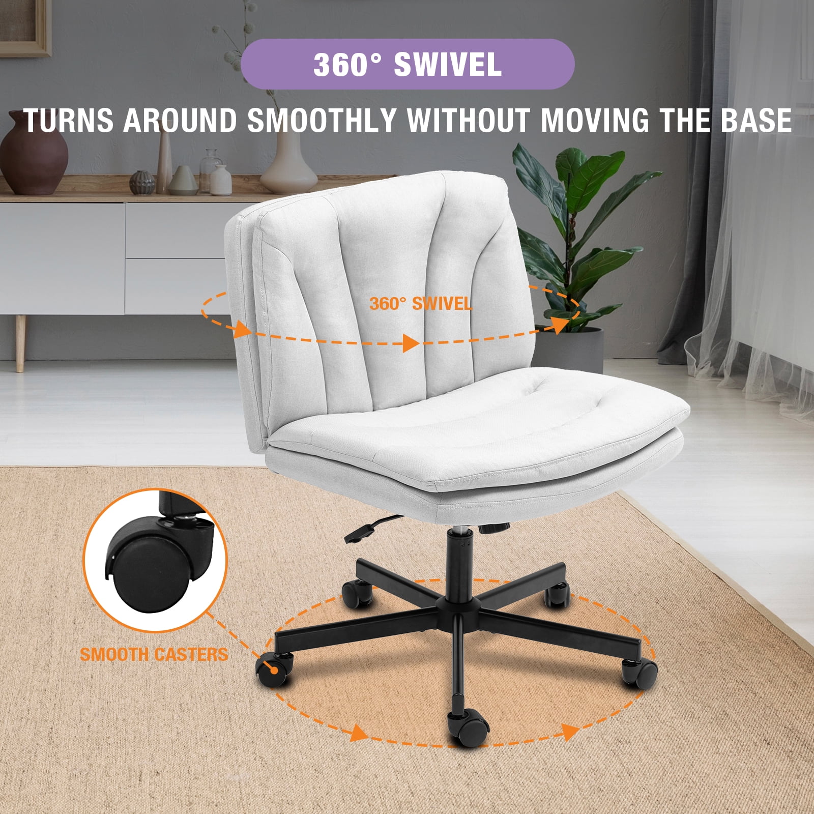 Criss Cross Legged Chair Ergonomic Home Office Desk Chair with Casters, Armless Wide Comfy Computer Task Seat Swivel Rolling Vanity Chair with Height Adjustable and Rocking Function, Beige