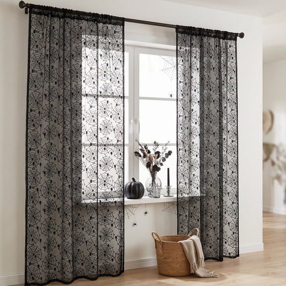 Halloween Black Spiderweb Curtains, Gothic Mesh Window Drapes with Web Pattern, Spooky Panels for Kitchen, Living Room, Bedroom, Doorway, Party Backdrop, and Seasonal Home Decor, Black