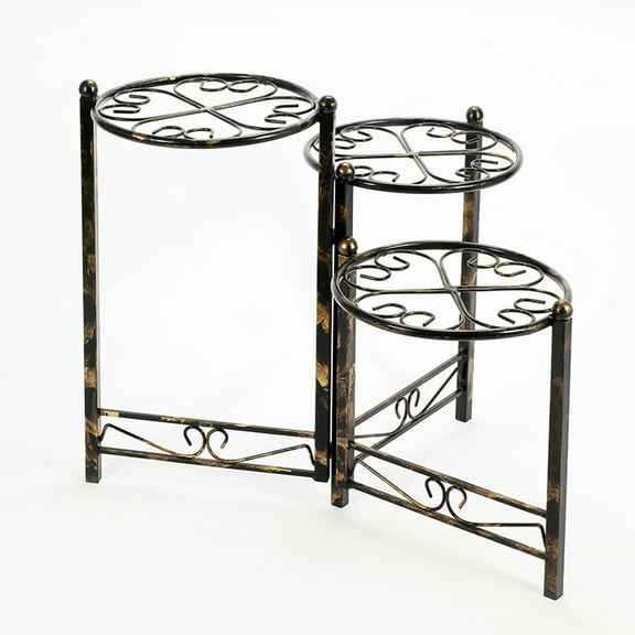 3 Tier Heart Clover Design Round Top Metal Plant Stand, Black- Saltoro Sherpi