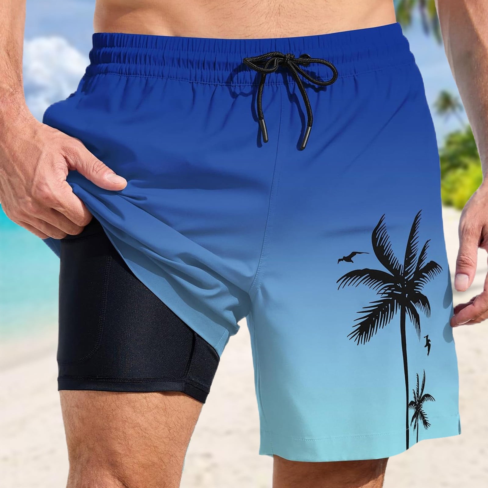 Men Swim Trunks With Compresssion Liner Inseam Board Shorts
