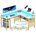 thumbnail image 4 of iSunirm L Shaped Computer Desk, Corner L Shaped Desk with Power Outlet and LED Light Strip, Reversible L Desk with Monitor Stand, Ergonomic 2 Person Office Desk for Home and Office, White Gold, 4 of 8