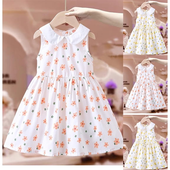 Jinhomg Toddler Girls Sleeveless Dress Cute Floral Printed Princess Dress Casual Loose Lapel Collar Midi Dresses Baby Kids Soft Cotton Dress Kid Yellow 130