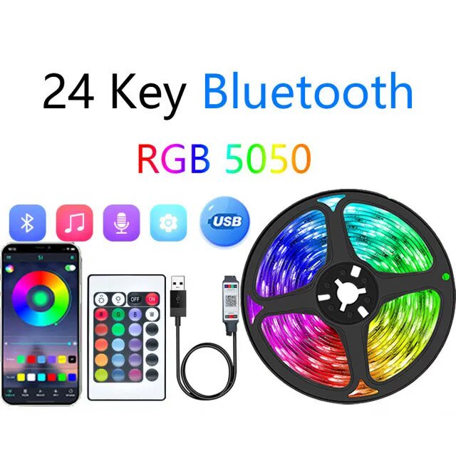 Tira de luces LED RGB, Control por aplicación, luces que cambian de Color con 24 teclas, modo remoto para decoración de habitación, Bluetooth, TV SMD5050 RGB