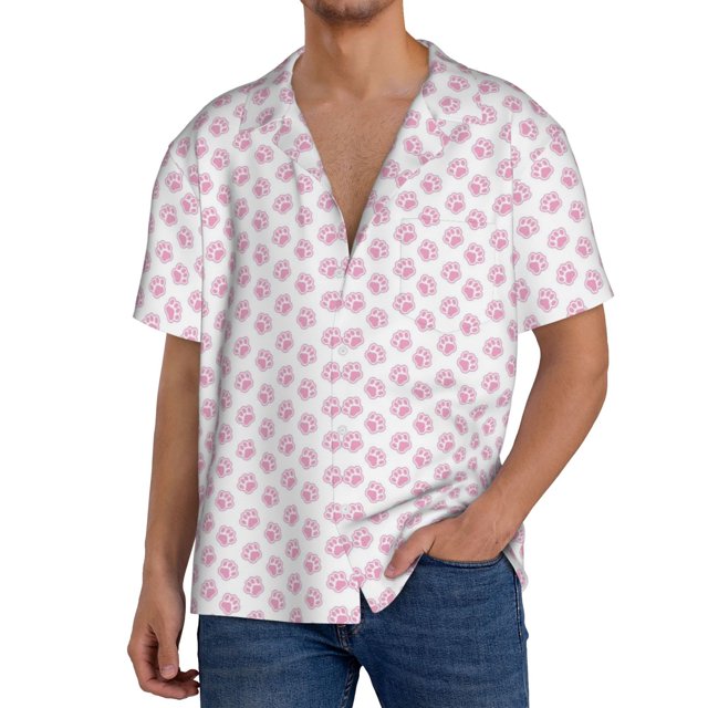 Fotbe Pink Paw Camisa Estampada de Manga Corta para Hombre, Casual de Verano, Estilo Playero, Sin Arrugas-Small