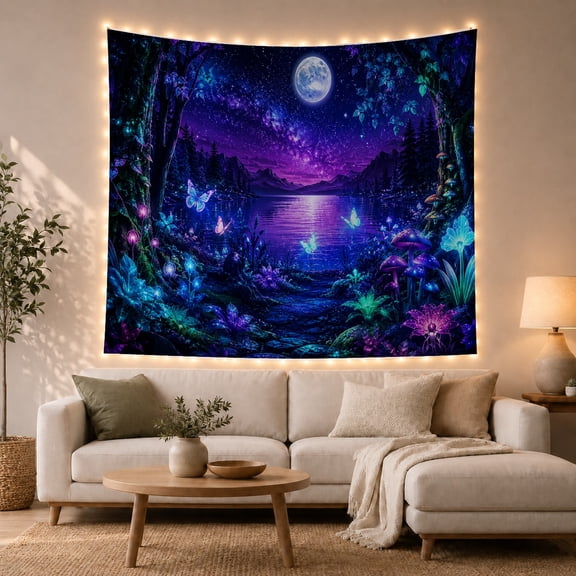 Fantasy Forest Moon Over Bioluminescent Lake Mystical Celestial for Nature Lovers, Fantasy Forest Decor Housewarming Gift Tapestry Wall Hanging for Bedroom, Living Room and Dorm