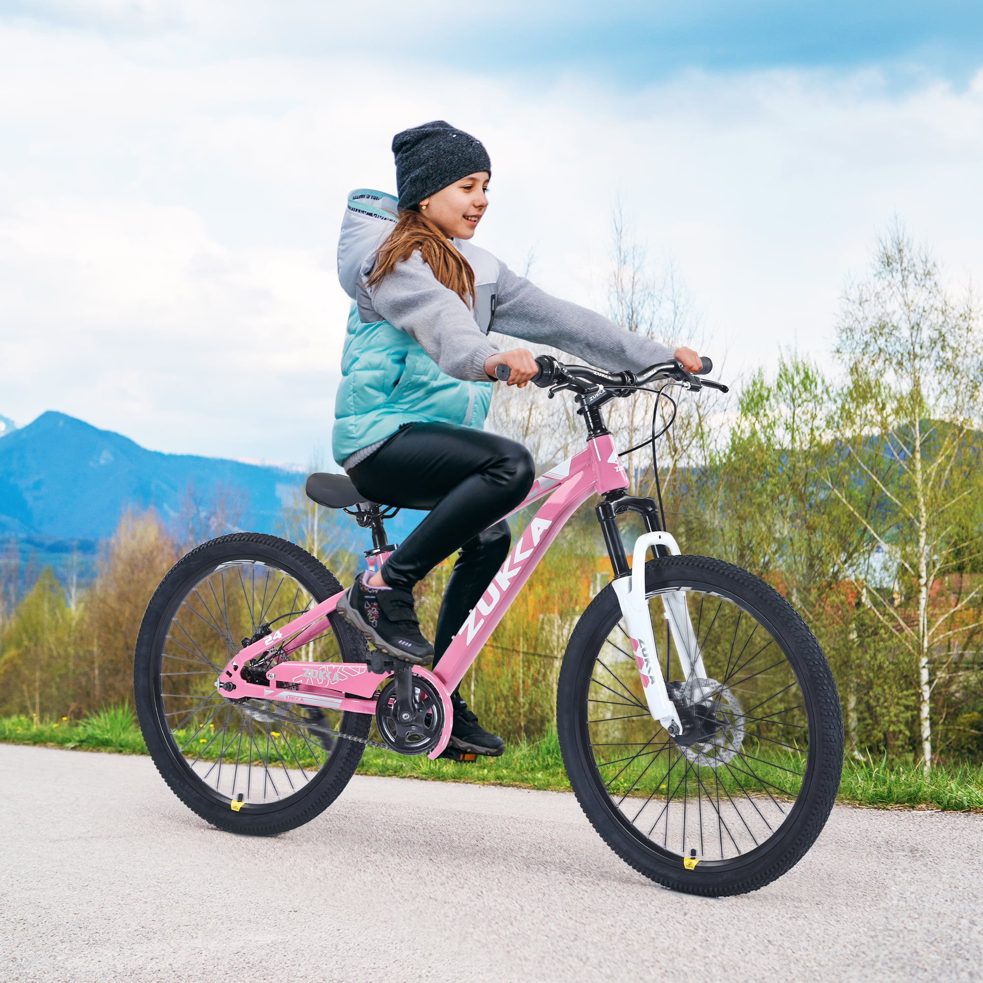 Zukka 24 inch Mountain Bike Steel Frame Hardtail Bicycle for Students Aged 9-12 Years Pink