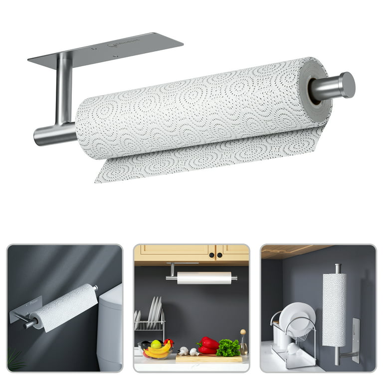 Paper Towel Holder Under Cabinet Comes with Both Self Adhesive and Screws  Wall Mount Paper Towel Rack for Bar, Kitchen, Sink & Bathroom, SUS304
