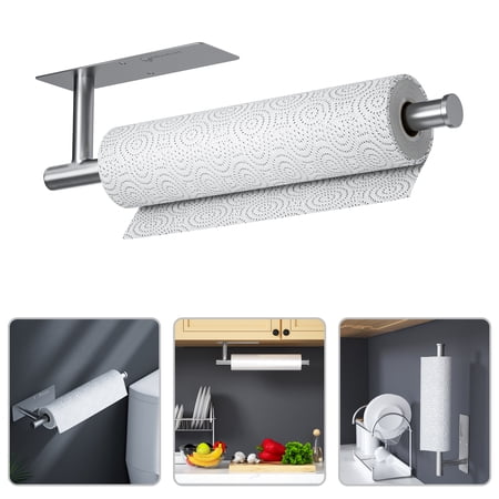 Paper Towel Holder Under Cabinet Comes with Both Self Adhesive and Screws Wall Mount Paper Towel Rack for Bar, Kitchen, Sink & Bathroom, SUS304 Stainless Steel 13.2 inch (Silver)