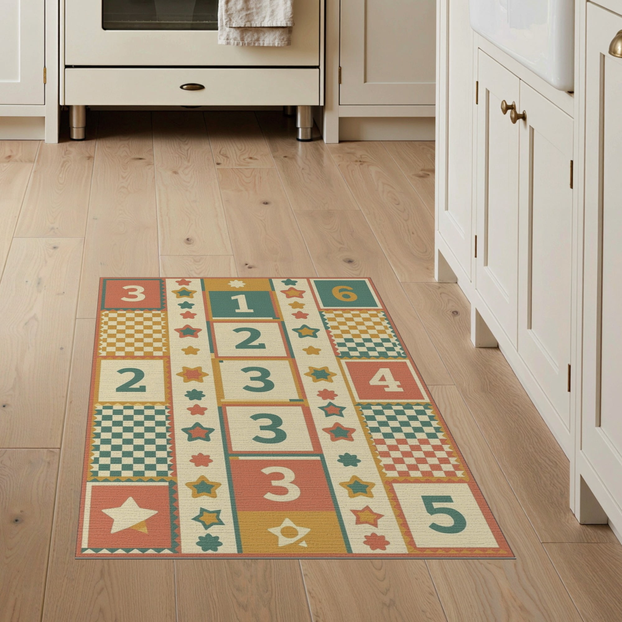 ODIKA 3 x5 Washable Area Rug Bedside Hopscotch Retro Checkered Grid Storybook Number Layout for Hallway Laundry Room Non-Slip Flatweave Easy Care