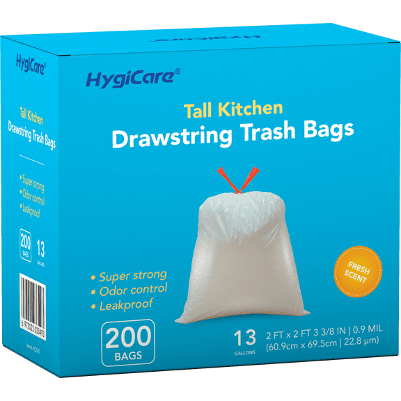HygiCare 13 Gallon Tall Kitchen Drawstring Trash Bags, 200 Count, Fresh Scent, Super Strong, Leakproof