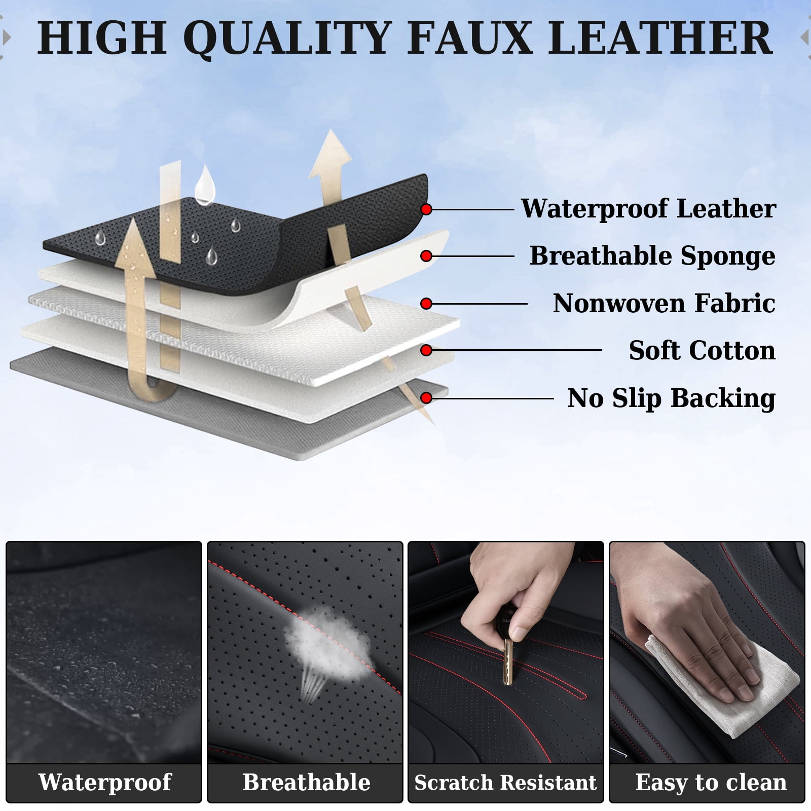 Coverado Full Set Car Seat Covers, Waterproof Faux Leather Front and Rear Seat Protector, Breathable Seat Cushions Universal Fit for Most Cars, Black&Red