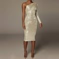 thumbnail image 6 of Labakihah dresses for women 2022 Women Fashion Solid Cold Shoulder Sequin Dress Skinny Ruched One Shoulder Sequin Long Dress Gold XXL, 6 of 9