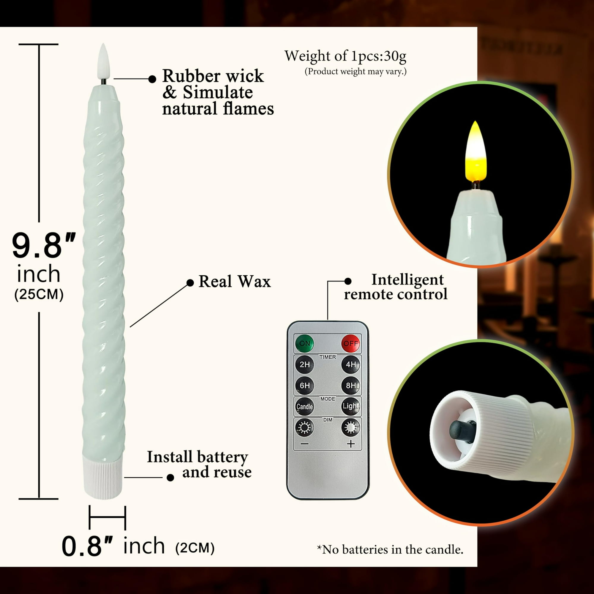 Blue Spiral Flameless Taper Candles, 9.8 Inch Flickering Candles with Remote and Timer, Real Wax Candlesticks LED Battery Operated 3D Wick for Wedding Party Home Decor