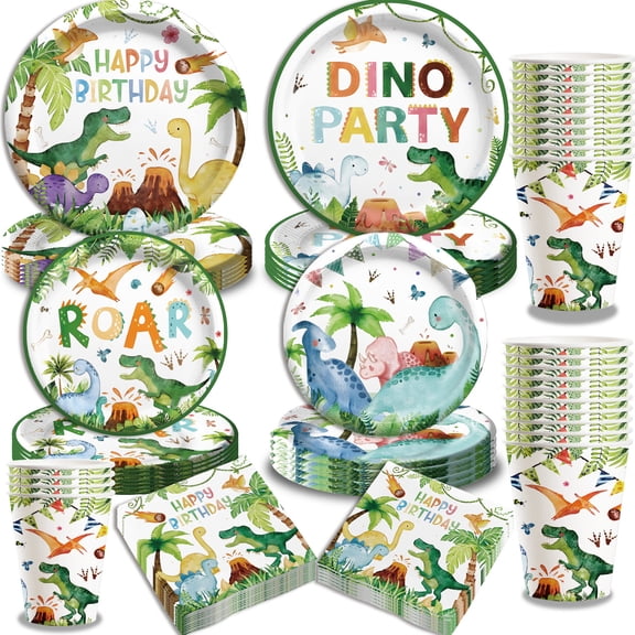 96Pcs Dinosaur Birthday Party Tableware Supplies -24 Guest Dinosaur Plates Cups and Napkins for Boys Kids three rex Birthday decorations Baby Shower
