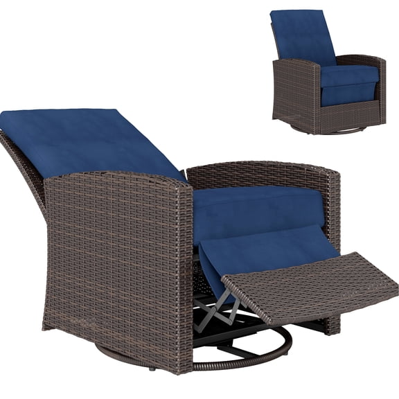 Outdoor Recliner, Dark Blue, With Water Cushions And 360° Rotating Base For Balcony Lawn Patio Swivel Recliner Chair, Cushions, Reclining & Lifting Footrest, Rotation Lawn, Poolside