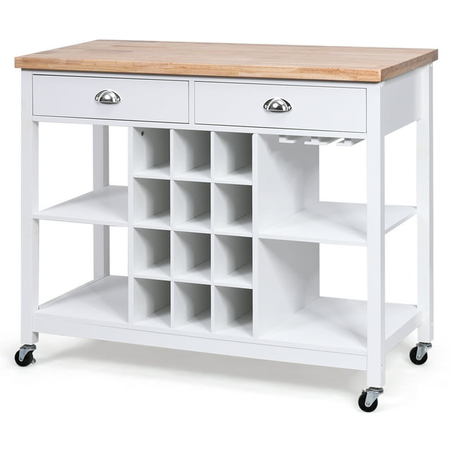 Costway Rolling Kitchen Island Bar Storage Serving Cart With Drawers and Wine Rack White